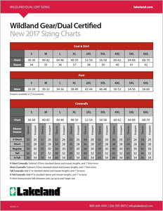 Sizing chart for wildland/dual cert, Lakeland